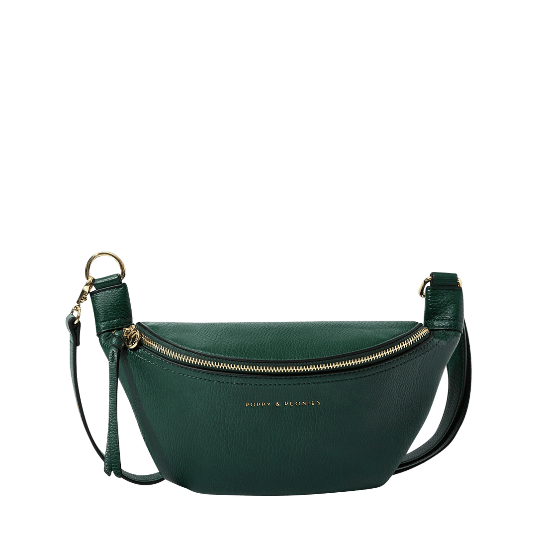 Green crossbody bag with a gold zipper