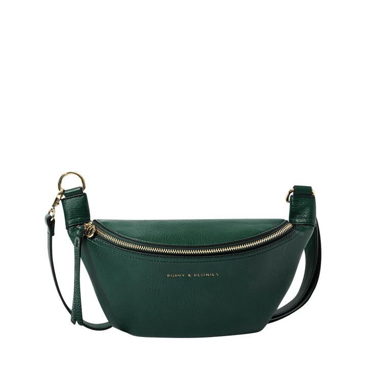 Green crossbody bag with a gold zipper
