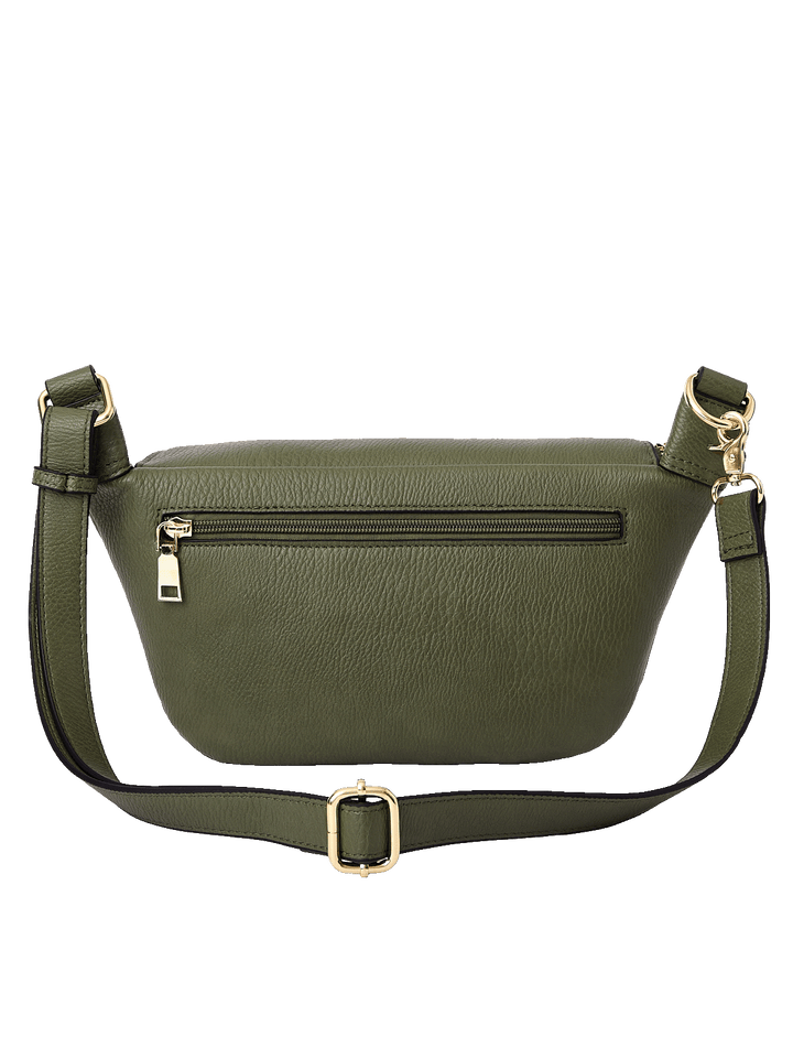 Back view of The Sidekick in Olive with zippered pocket and adjustable strap