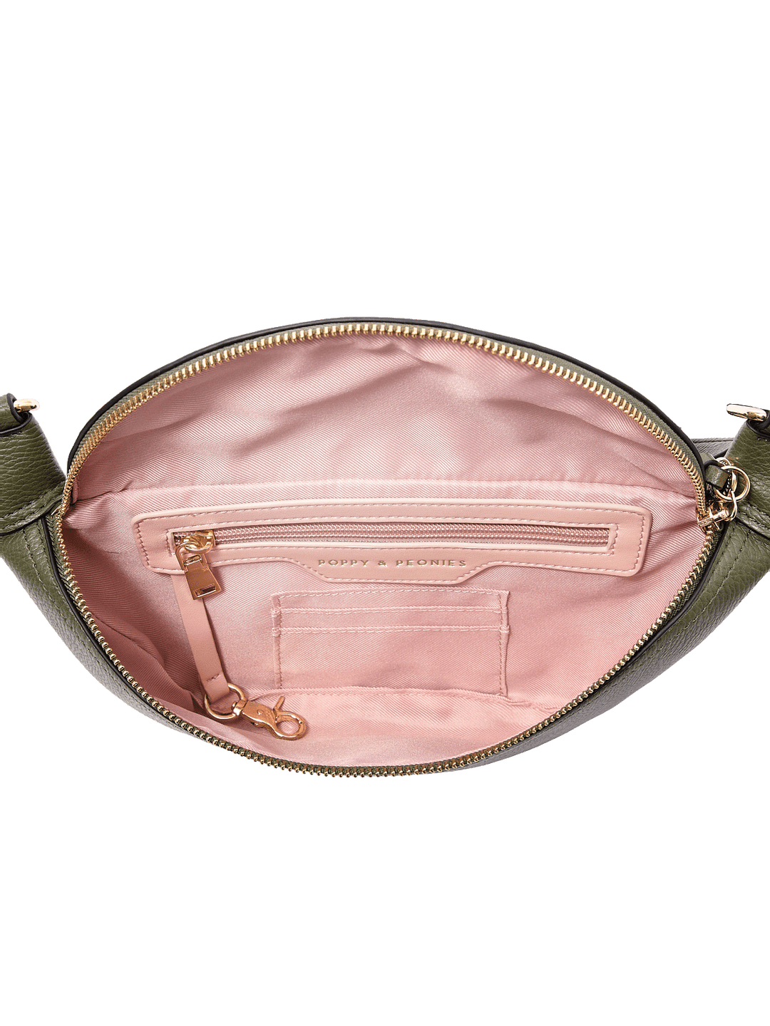 Interior of The Sidekick in Olive showing card slots, zip pocket, and key leash