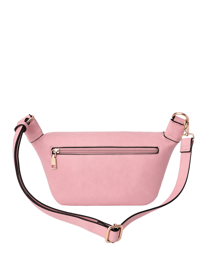 Back of a pink vegan leather crossbody bag