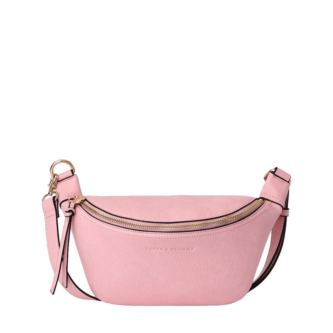 Pink vegan leather crossbody bag with gold zipper