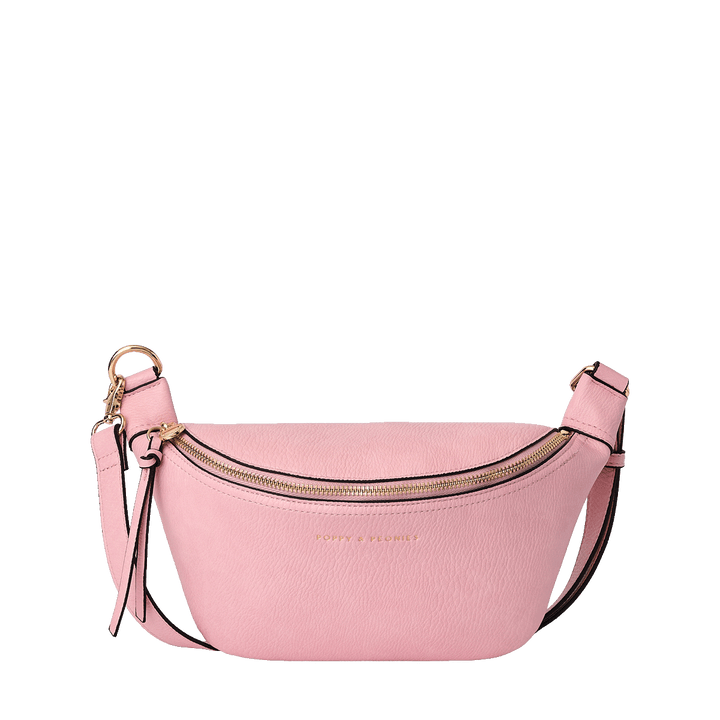 Pink vegan leather crossbody bag with gold zipper