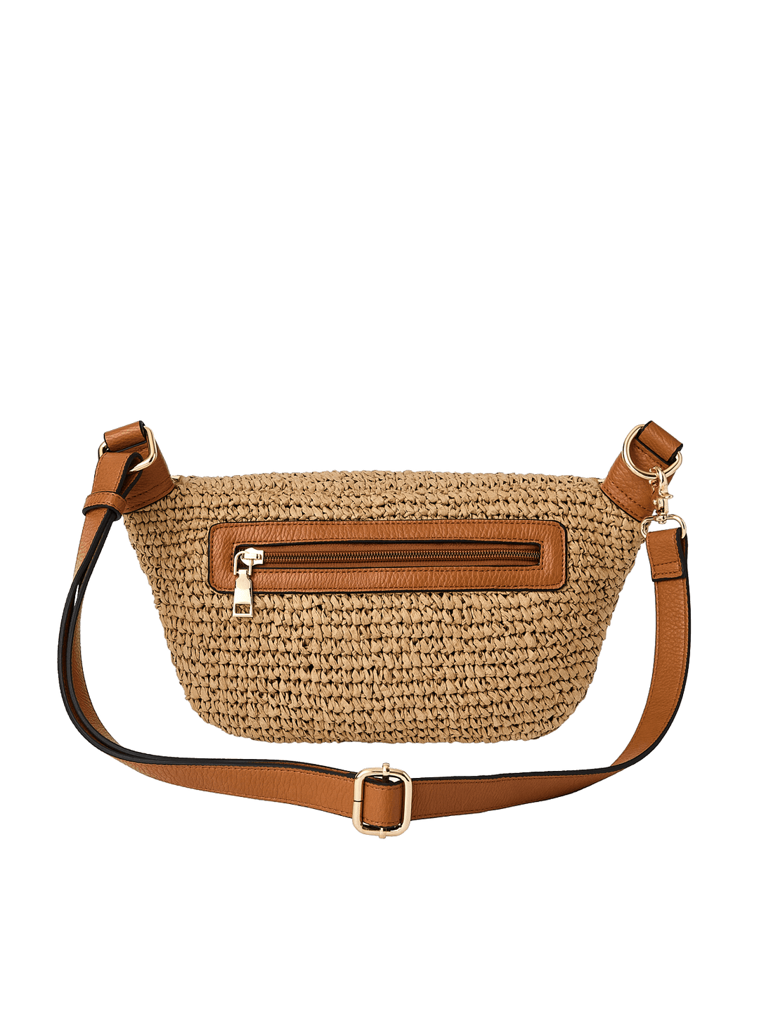 The back of a raffia straw crossbody bag.