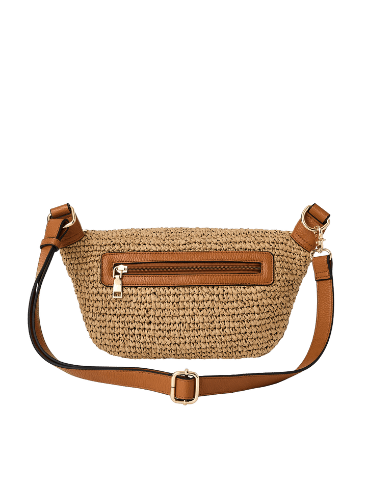 The back of a raffia straw crossbody bag.
