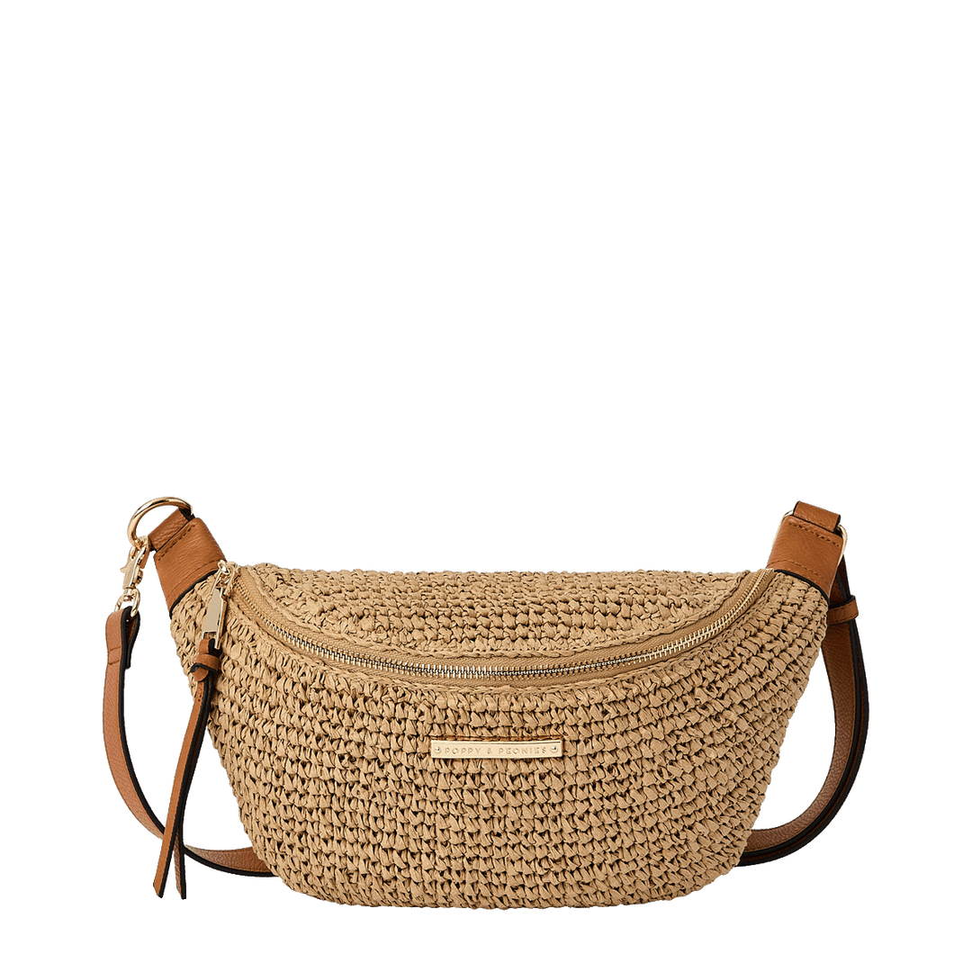 Raffia straw crossbody bag with vegan leather straps