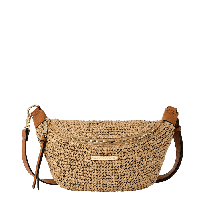 Raffia straw crossbody bag with vegan leather straps