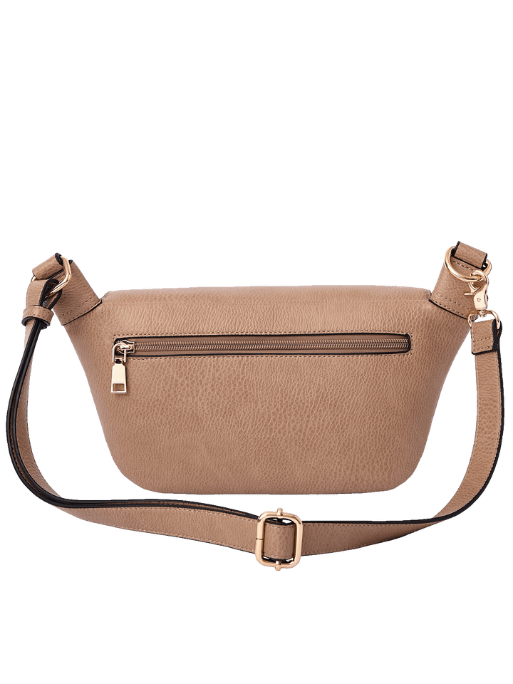 Back view of The Sidekick in Taupe with zippered pocket and adjustable strap