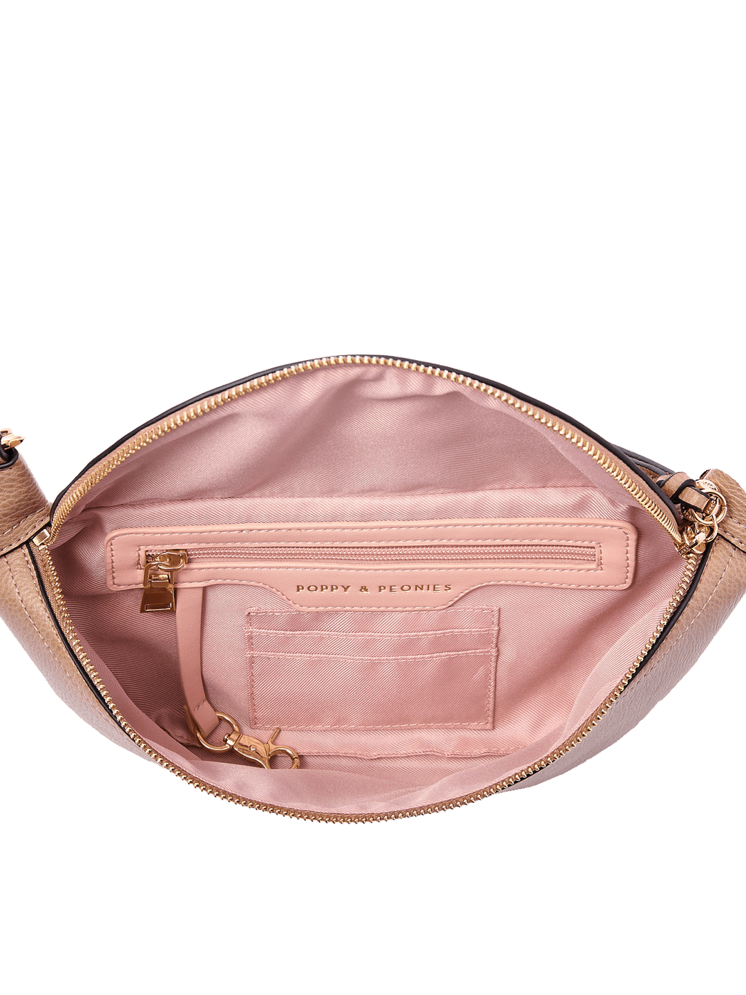Interior of The Sidekick in Taupe showing card slots, zip pocket, and key leash