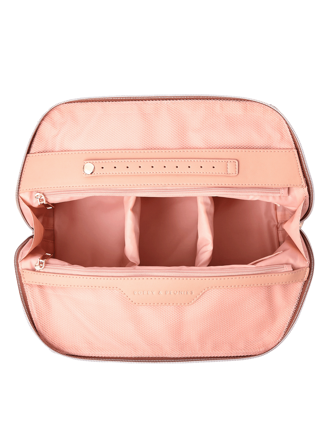 Sitting Pretty Cosmetic Case in Brown Floral opened to show spacious interior, zippered mesh pockets, and built-in jewelry tab
