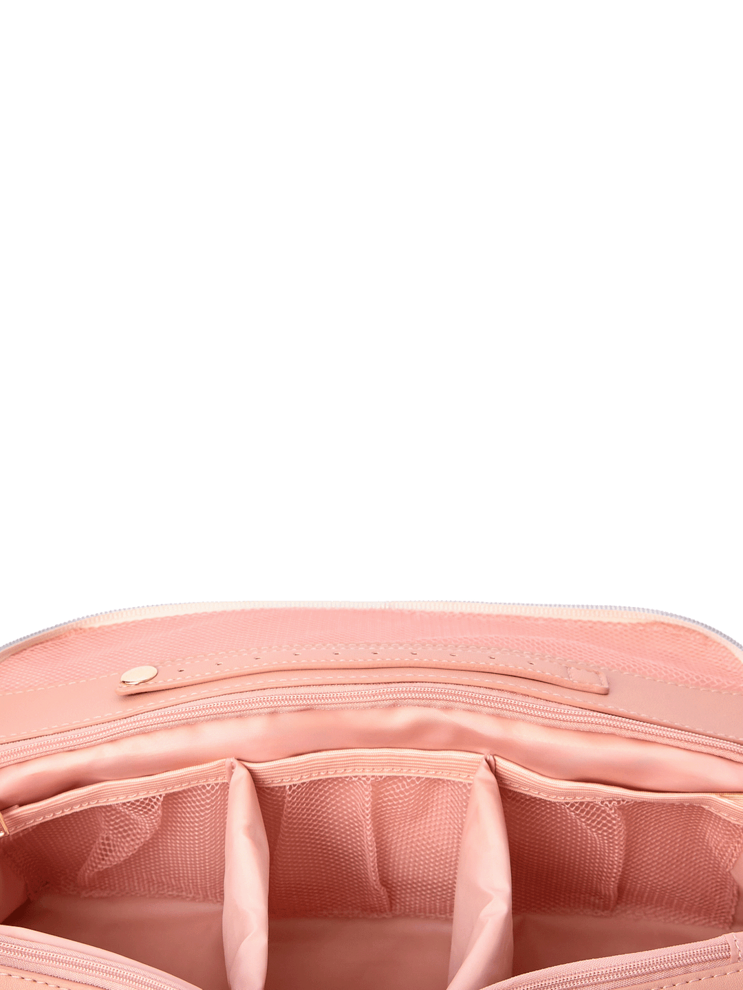 Close-up of the Sitting Pretty Cosmetic Case in Brown Patchwork showing interior compartments and jewelry tab