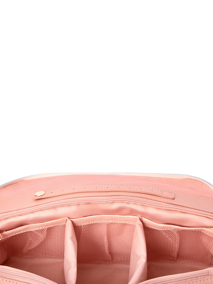 Close-up of the Sitting Pretty Cosmetic Case in Brown Patchwork showing interior compartments and jewelry tab