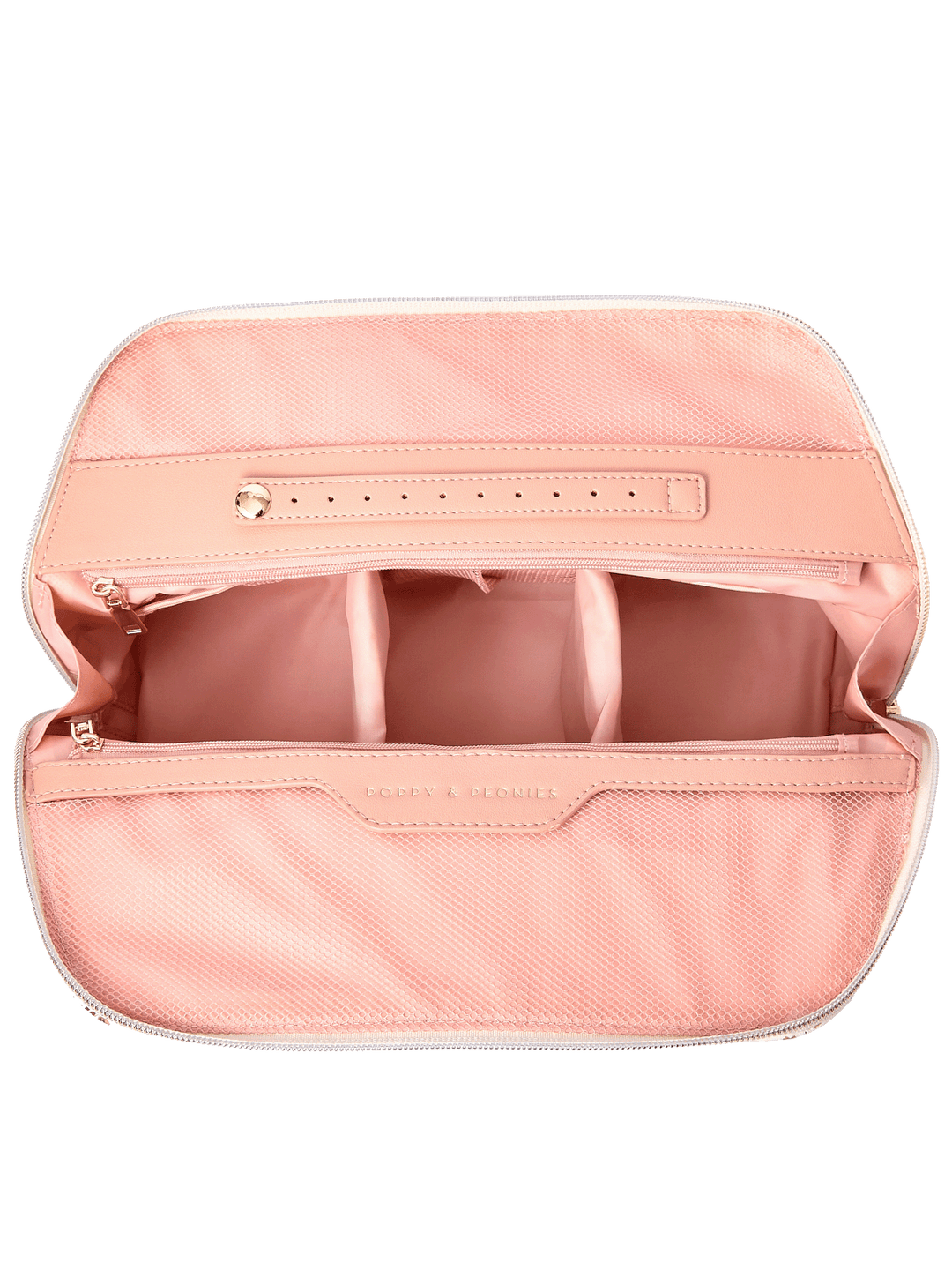 Sitting Pretty Cosmetic Case in Brown Patchwork opened to show spacious interior, zippered mesh pockets, and built-in jewelry tab
