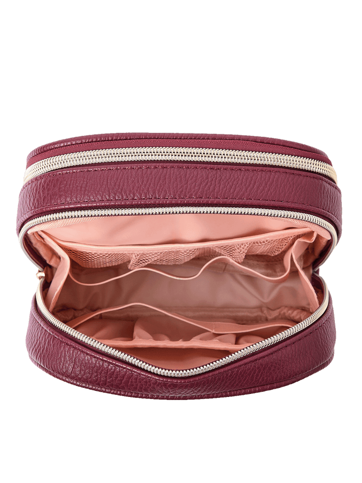 Pretty Connected Case in Berry opened to show tech compartment with elastic organizers and mesh pockets