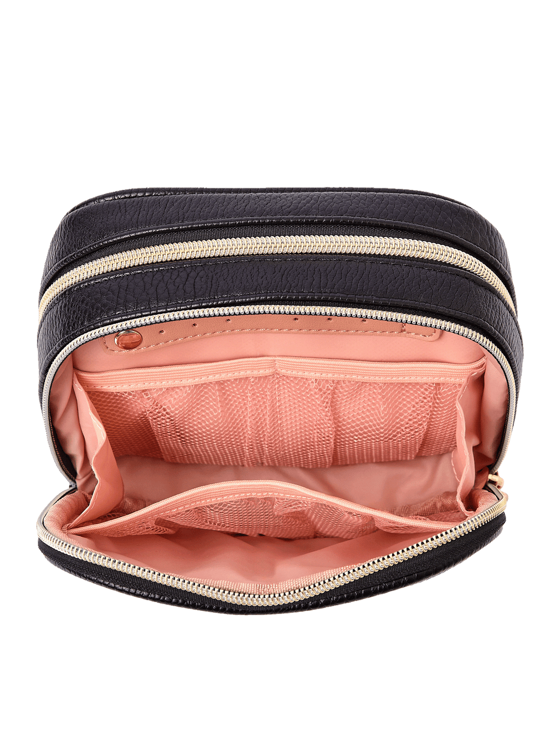 Pretty Connected Case in Black opened to show cosmetic compartment with jewelry tab and mesh pockets