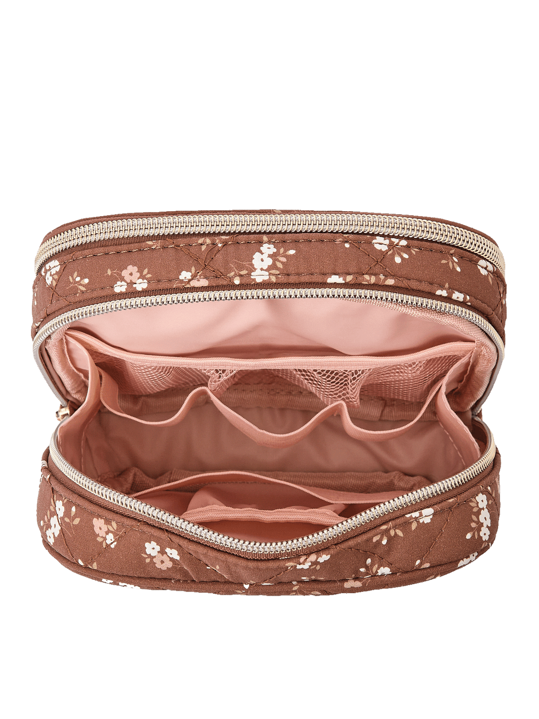 Pretty Connected Case in Brown Floral opened to show tech compartment with elastic organizers and mesh pockets