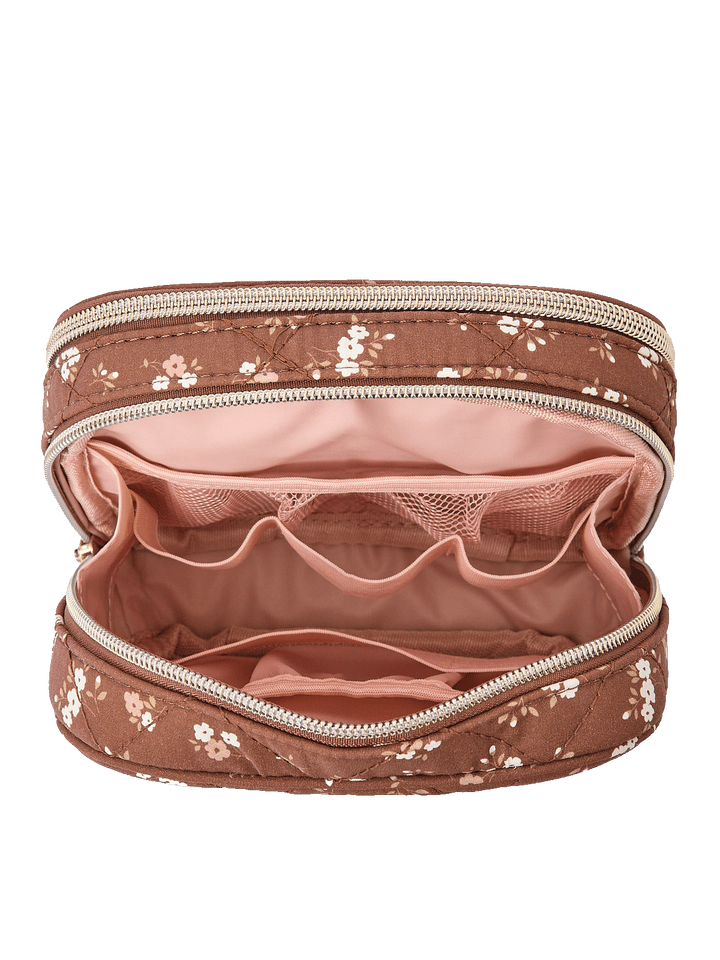 Pretty Connected Case in Brown Floral opened to show tech compartment with elastic organizers and mesh pockets