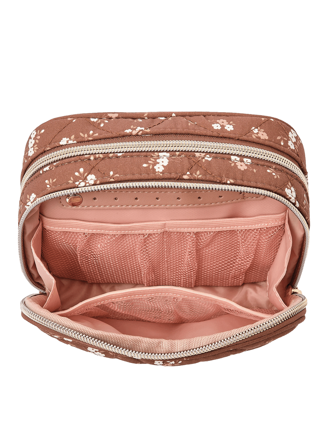 Pretty Connected Case in Brown Floral opened to show cosmetic compartment with jewelry tab and mesh pockets
