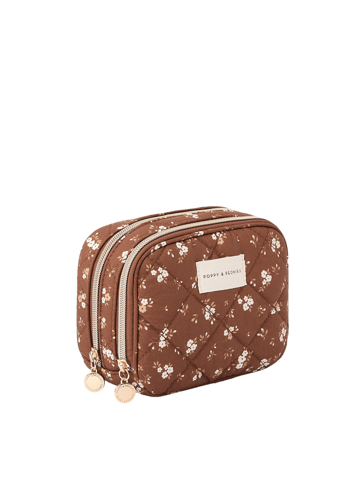 Angled side view of Pretty Connected Case in Brown Floral showing dual zip compartments