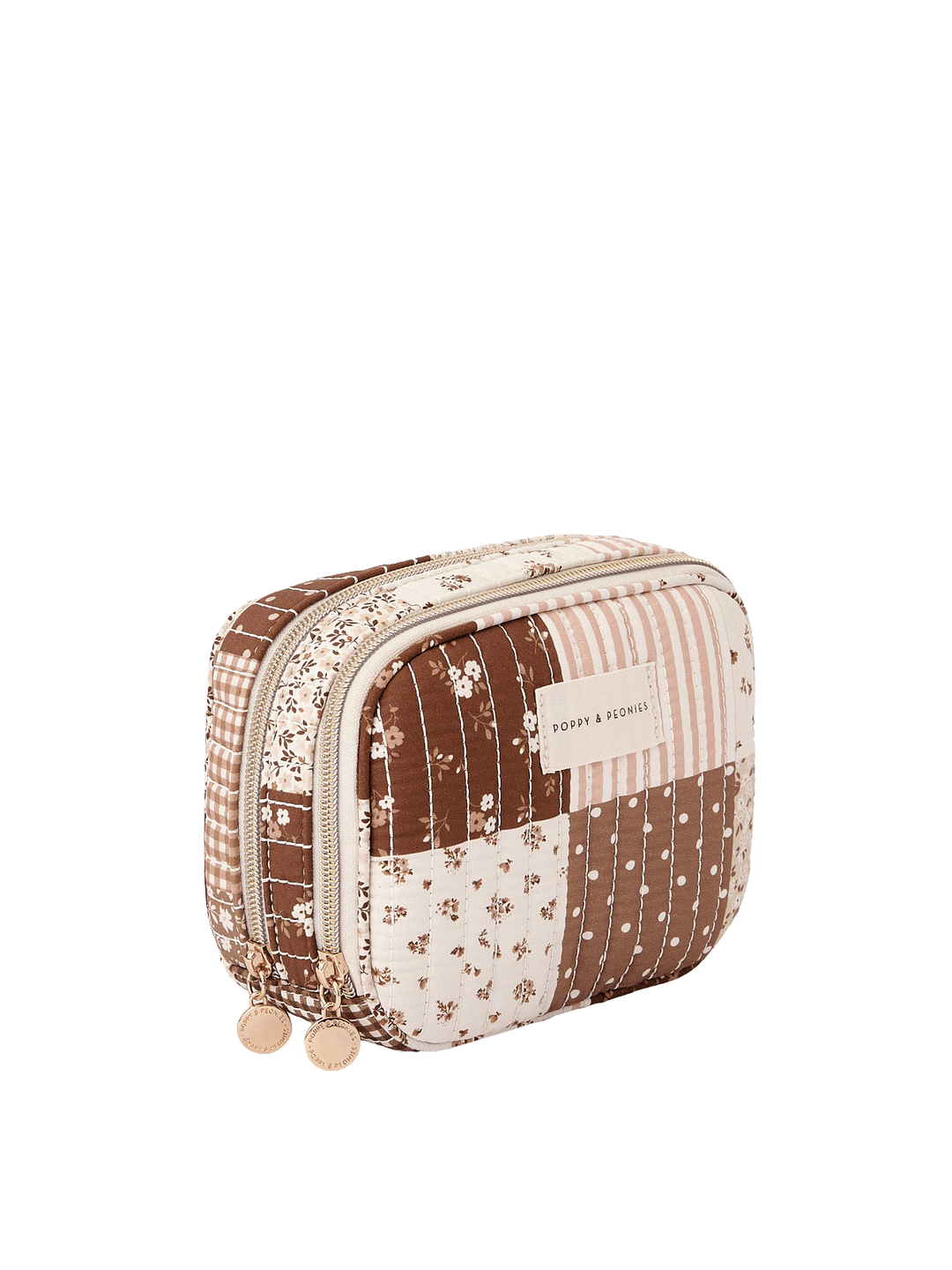 Angled side view of Pretty Connected Case in Brown Patchwork showing dual zip compartments