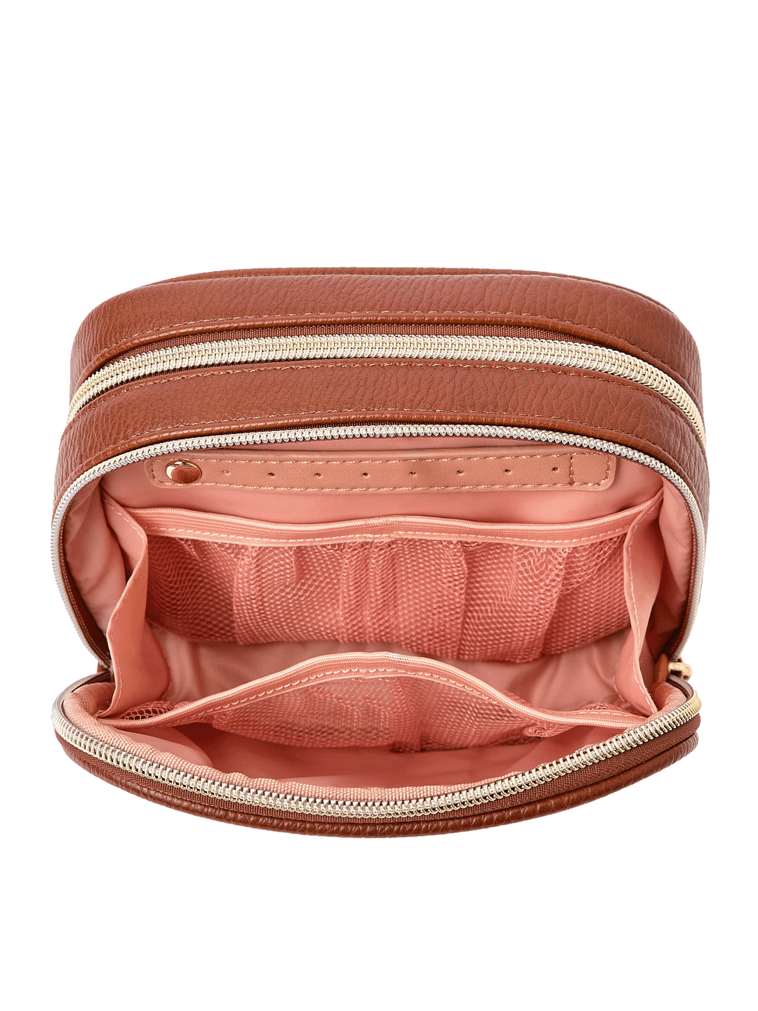 Pretty Connected Case in Chestnut opened to show cosmetic compartment with jewelry tab and mesh pockets
