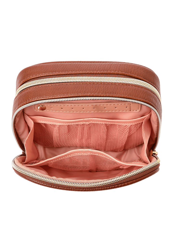 Pretty Connected Case in Chestnut opened to show cosmetic compartment with jewelry tab and mesh pockets