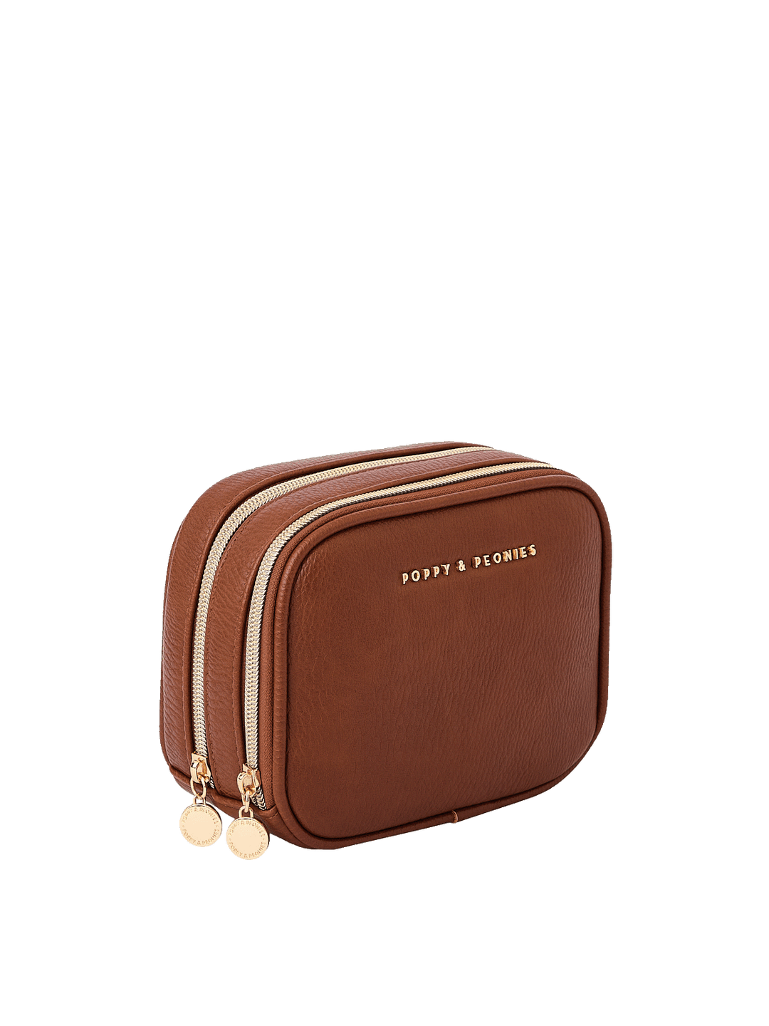 Angled side view of Pretty Connected Case in Chestnut showing dual zip compartments
