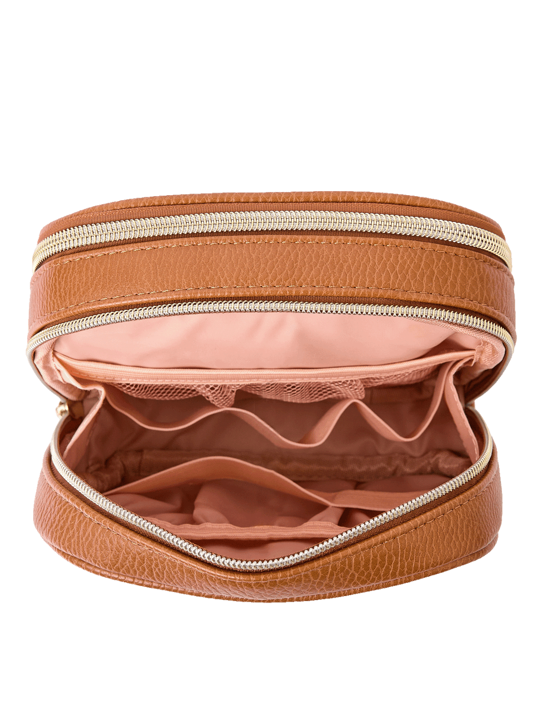Pretty Connected Case in Cognac opened to show tech compartment with elastic organizers and mesh pockets