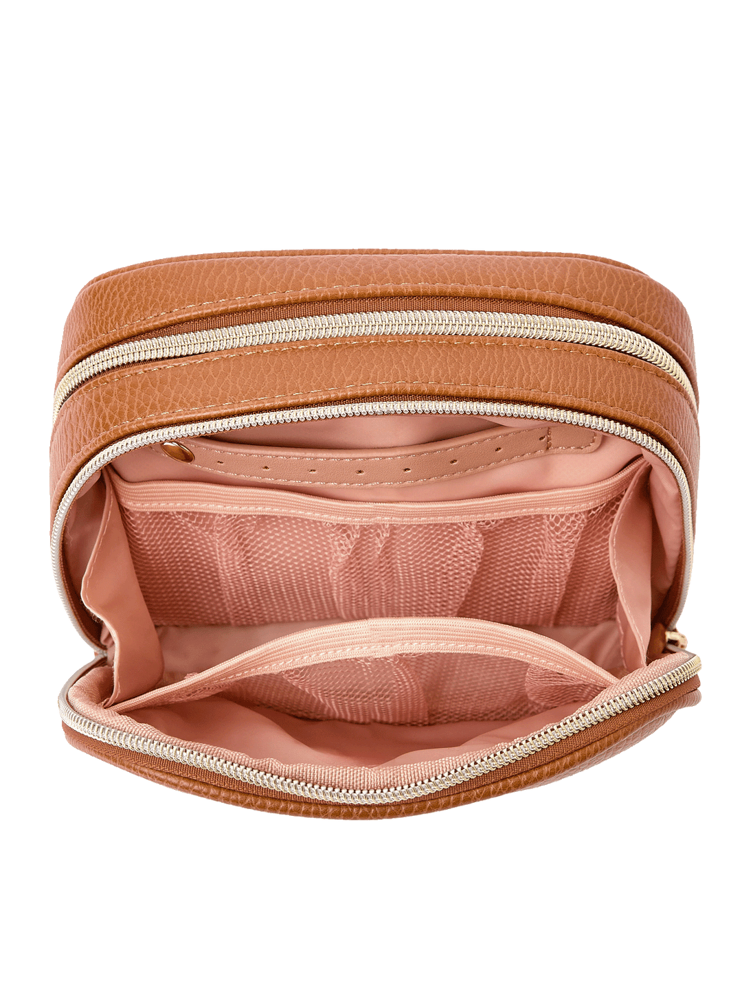 Pretty Connected Case in Cognac opened to show cosmetic compartment with jewelry tab and mesh pockets
