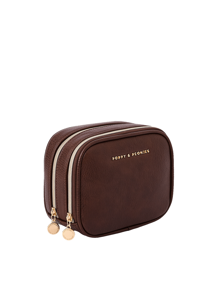 Angled side view of Pretty Connected Case in Espresso showing dual zip compartments