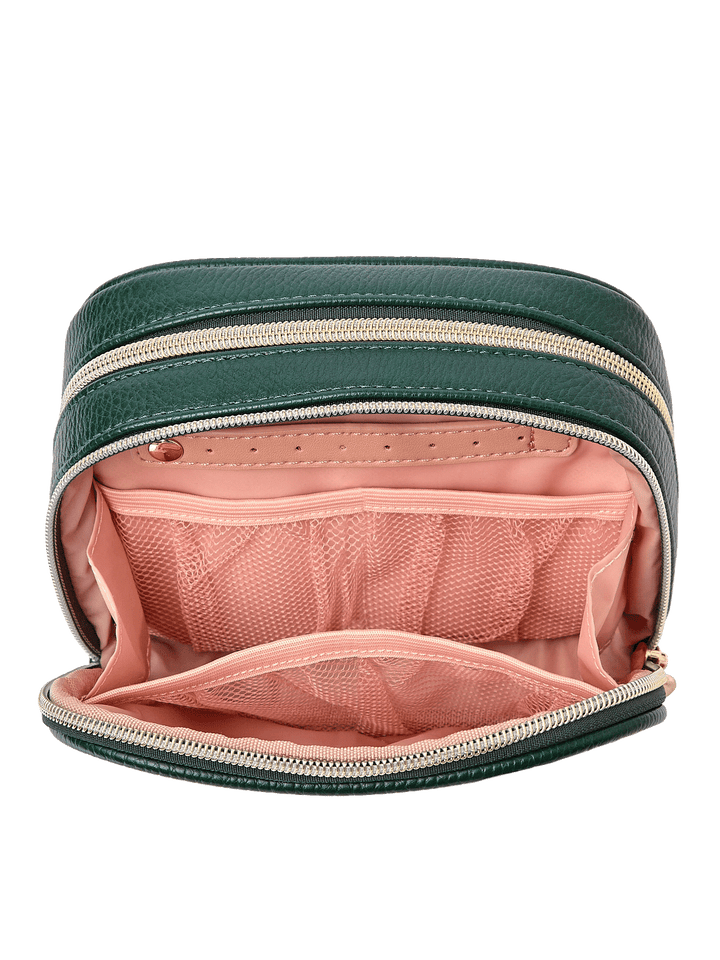 Pretty Connected Case in Heritage Green opened to show cosmetic compartment with jewelry tab and mesh pockets