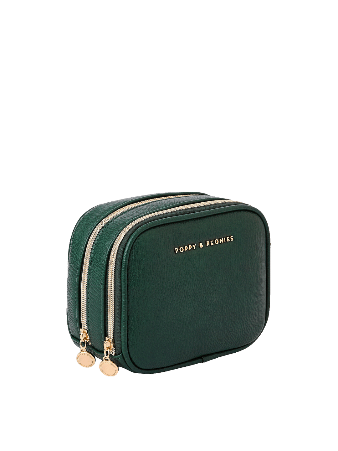 Angled side view of Pretty Connected Case in Heritage Green showing dual zip compartments