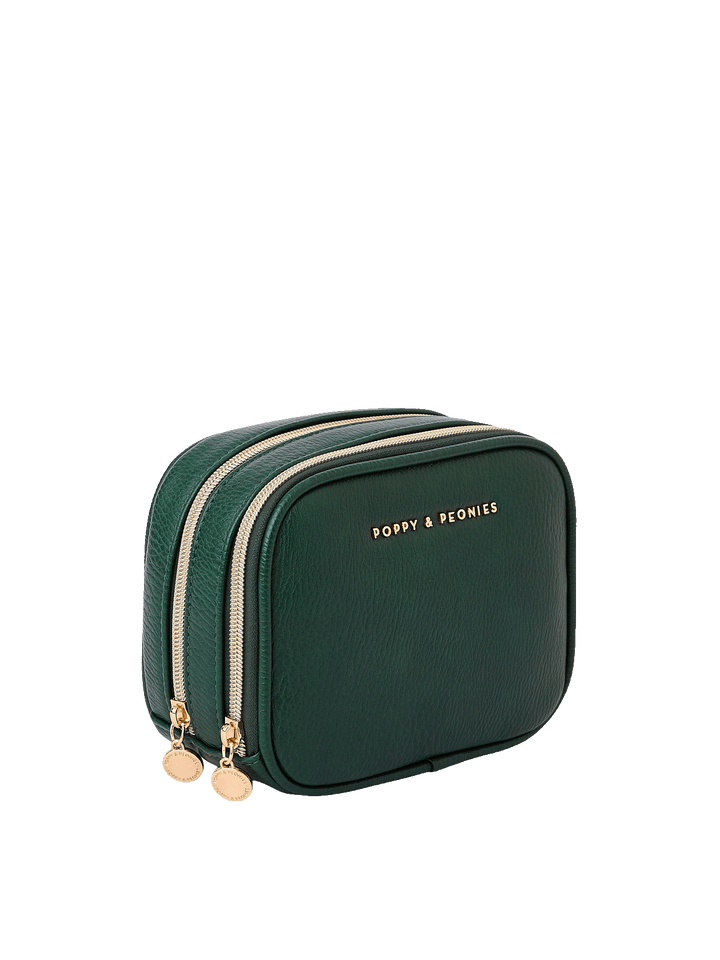 Angled side view of Pretty Connected Case in Heritage Green showing dual zip compartments