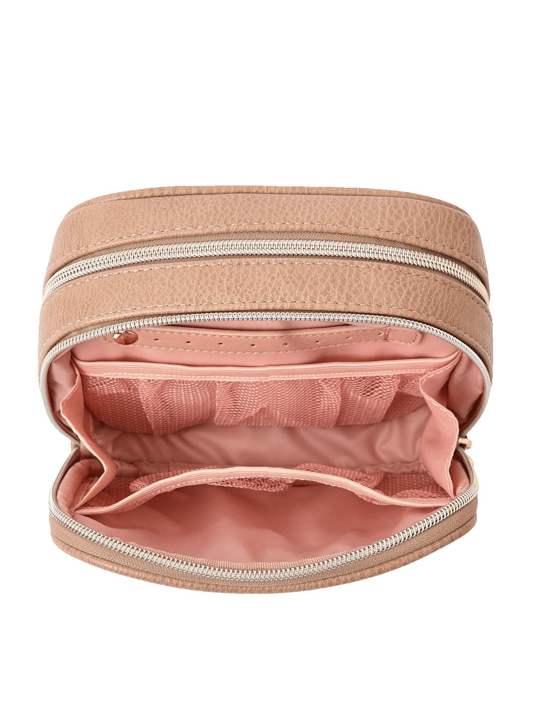 Pretty Connected Case in Mocha Mousse opened to show cosmetic compartment with jewelry tab and mesh pockets