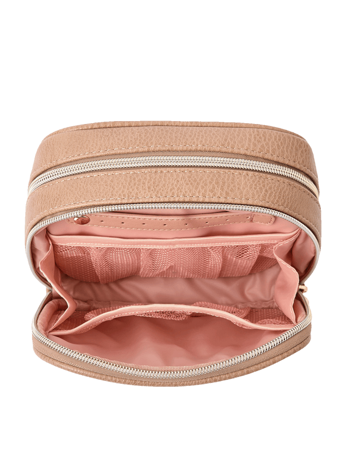 Pretty Connected Case in Mocha Mousse opened to show cosmetic compartment with jewelry tab and mesh pockets