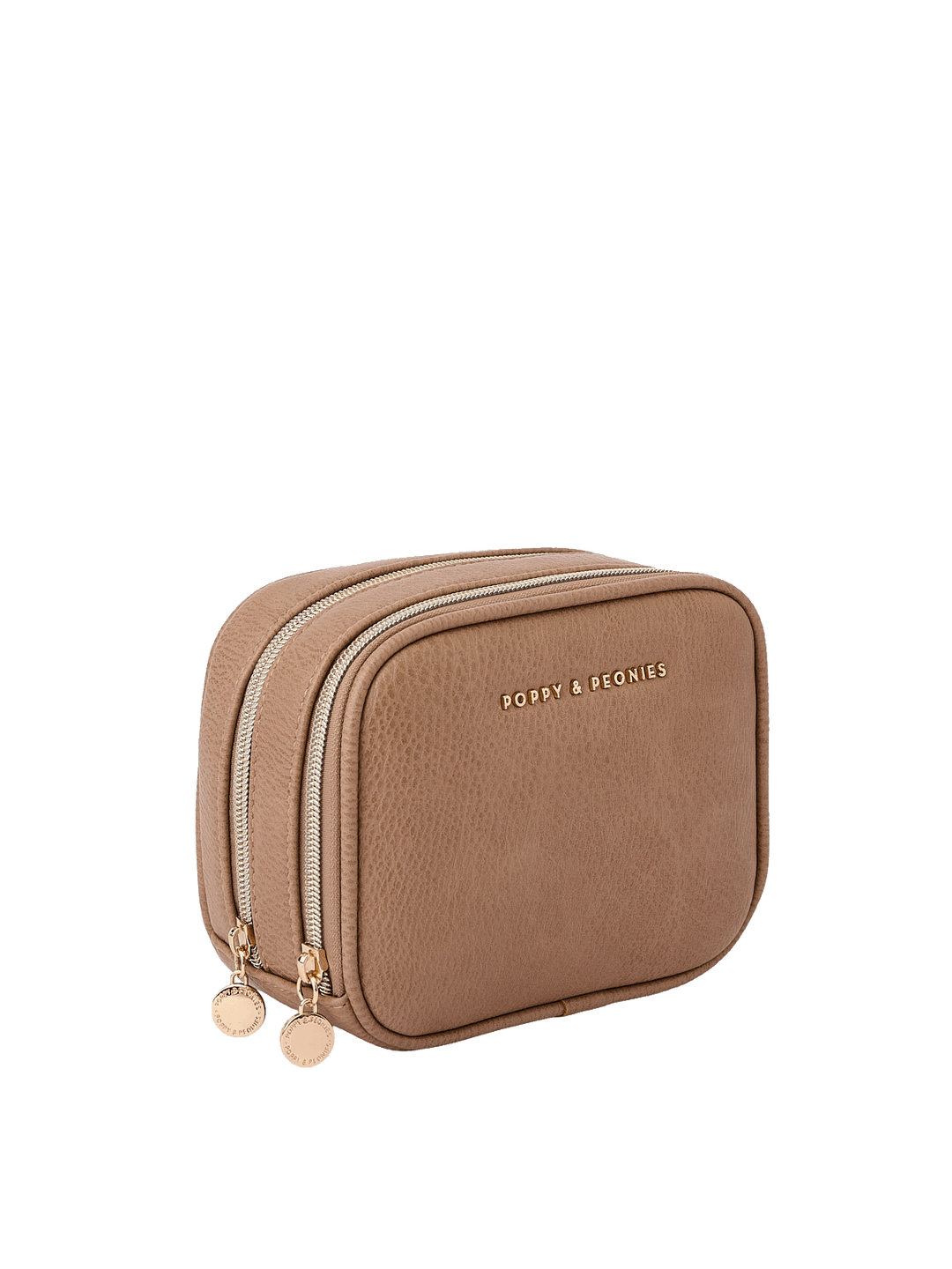 Angled side view of Pretty Connected Case in Mocha Mousse showing dual zip compartments