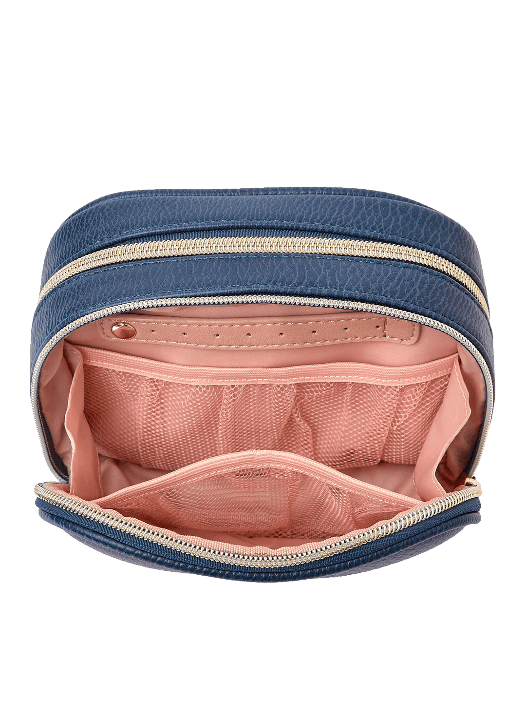 Pretty Connected Case in Navy opened to show cosmetic compartment with jewelry tab and mesh pockets