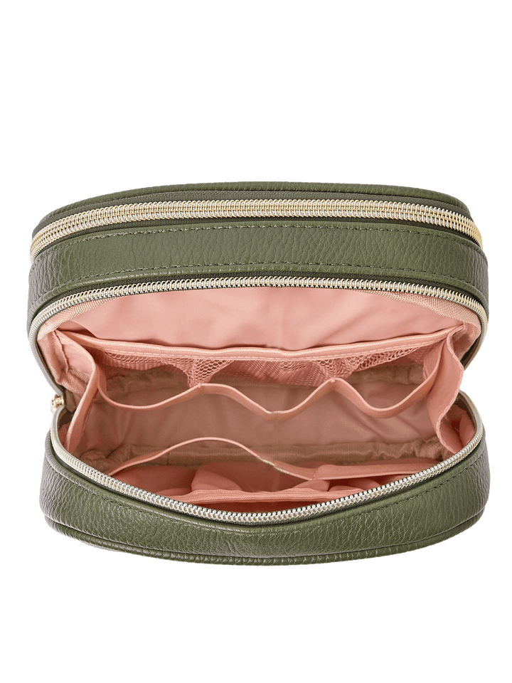 Pretty Connected Case in Olive opened to show tech compartment with elastic organizers and mesh pockets