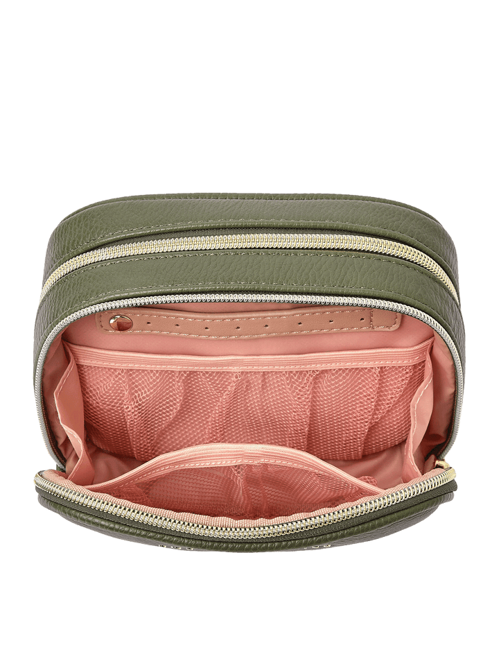 Pretty Connected Case in Olive opened to show cosmetic compartment with jewelry tab and mesh pockets