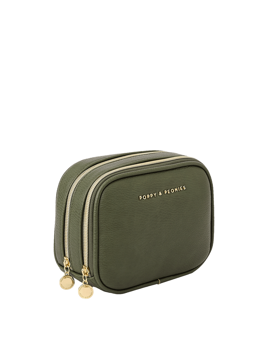 Angled side view of Pretty Connected Case in Olive showing dual zip compartments