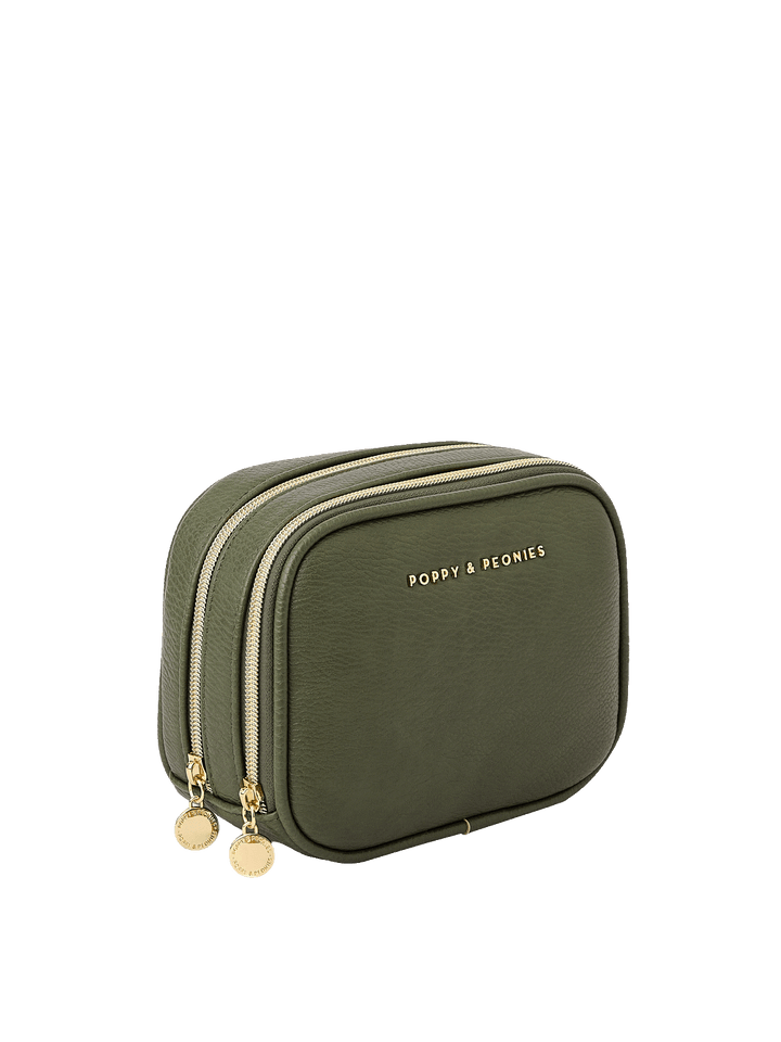 Angled side view of Pretty Connected Case in Olive showing dual zip compartments