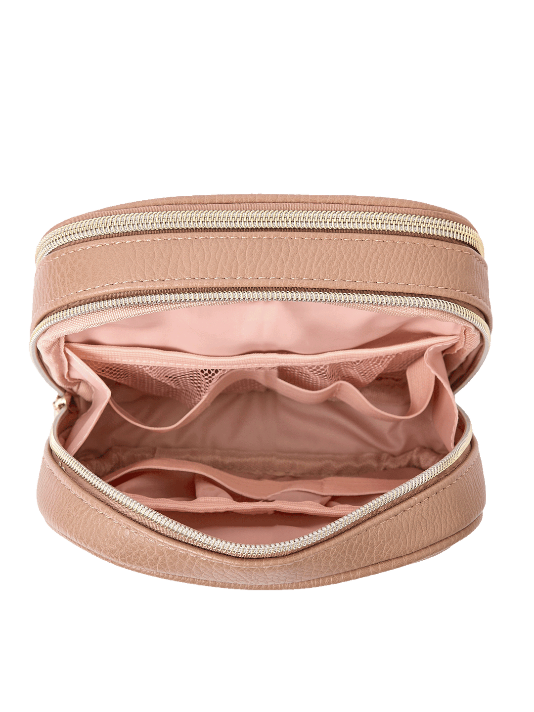 Pretty Connected Case in Taupe opened to show tech compartment with elastic organizers and mesh pockets