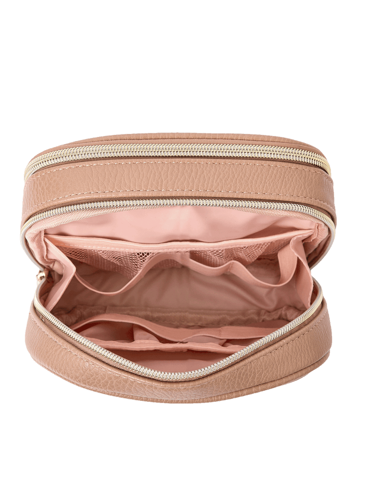 Pretty Connected Case in Taupe opened to show tech compartment with elastic organizers and mesh pockets