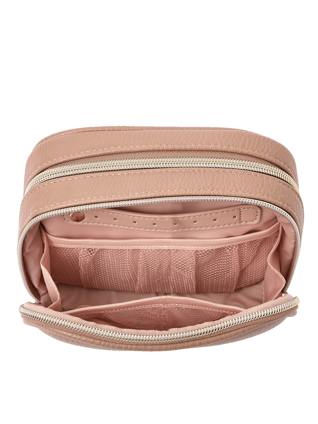 Pretty Connected Case in Taupe opened to show cosmetic compartment with jewelry tab and mesh pockets