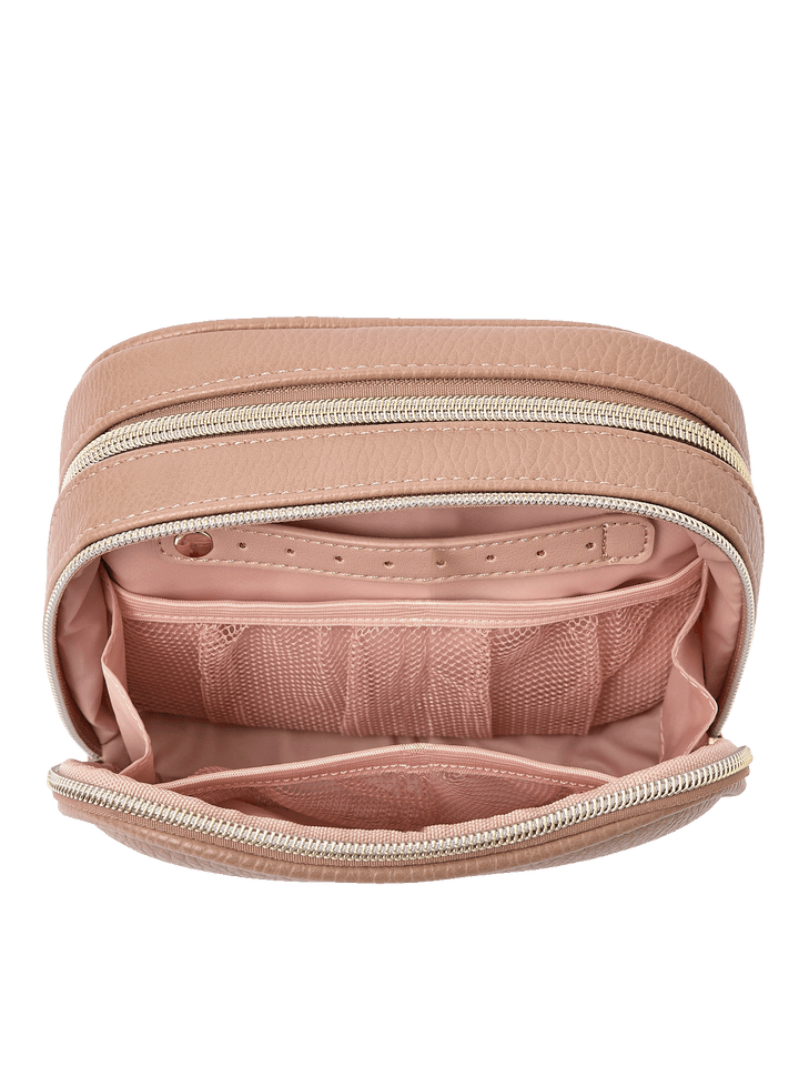 Pretty Connected Case in Taupe opened to show cosmetic compartment with jewelry tab and mesh pockets