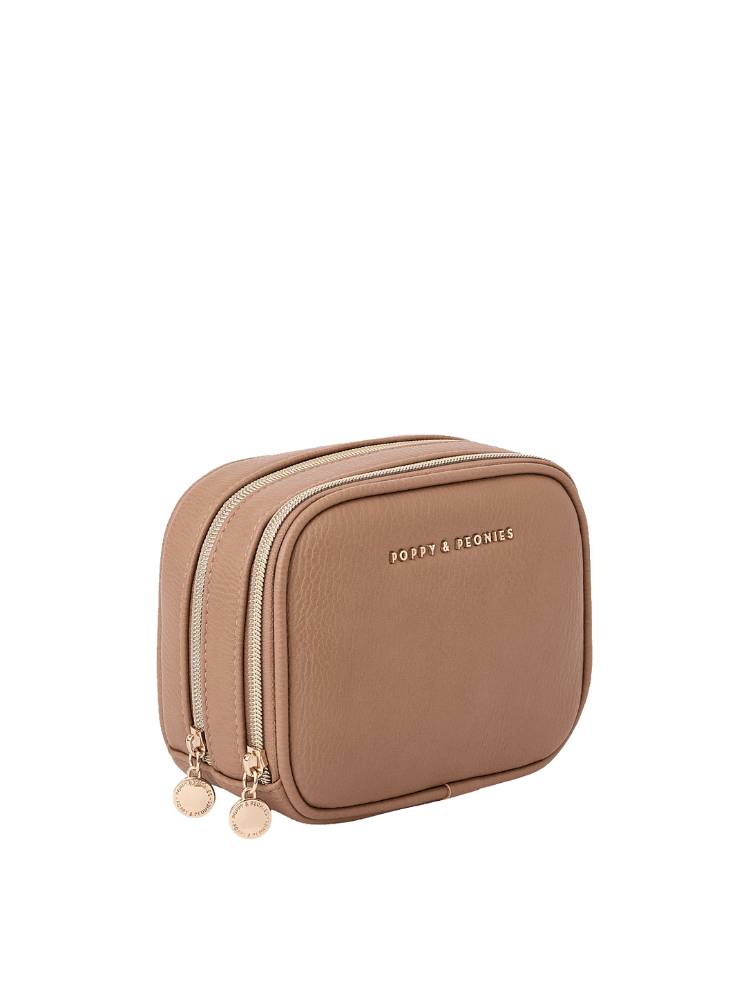 Angled side view of Pretty Connected Case in Taupe showing dual zip compartments