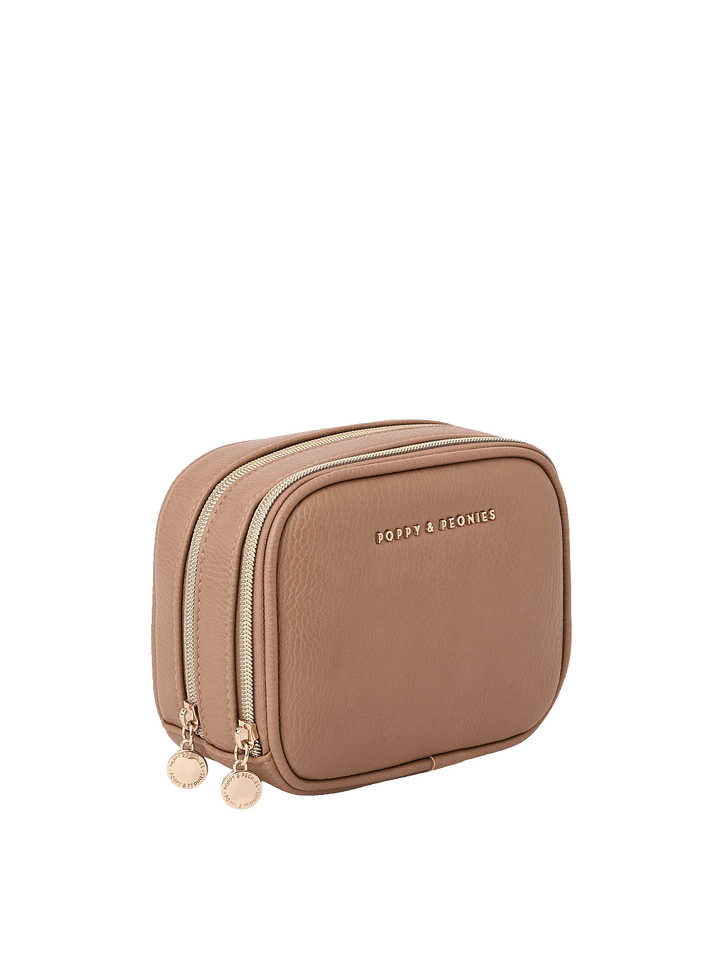 Angled side view of Pretty Connected Case in Taupe showing dual zip compartments