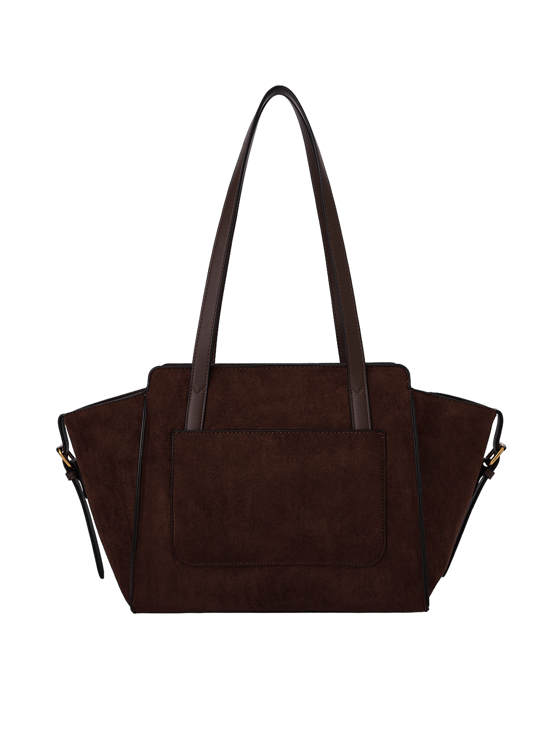 Poppy & Peonies Mini Avenue Tote in Espresso Suede back view, featuring long shoulder straps, a structured silhouette and exterior slip pocket.
