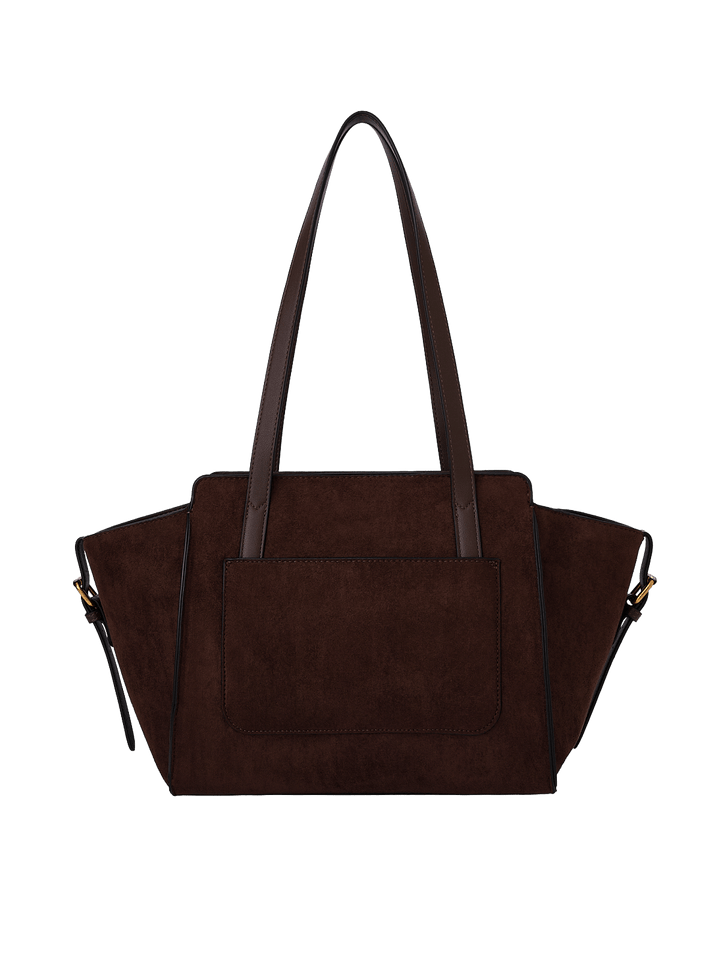 Poppy & Peonies Mini Avenue Tote in Espresso Suede back view, featuring long shoulder straps, a structured silhouette and exterior slip pocket.