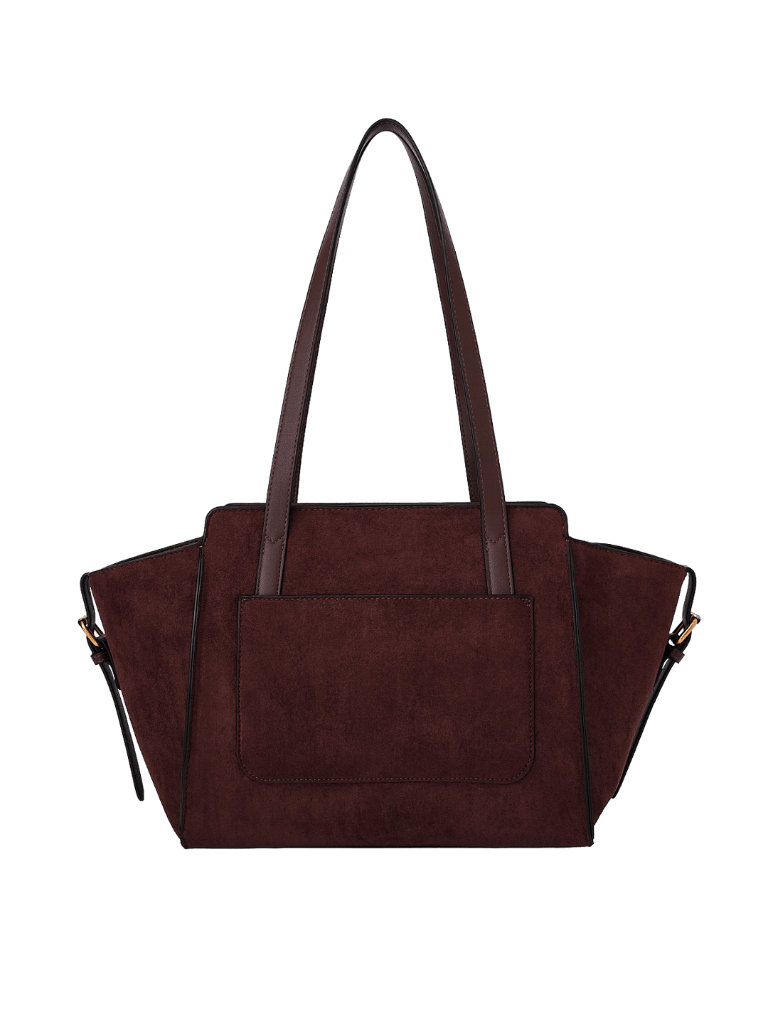 Poppy & Peonies Mini Avenue Tote in Espresso Suede back view, featuring long shoulder straps, a structured silhouette and exterior slip pocket.